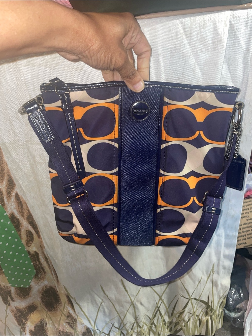 Coach Navy and Orange Circle-Print Crossbody